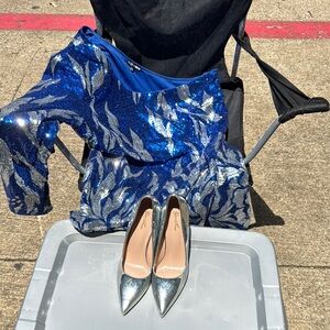 Blue and Silver Short Sequin Dress with Silver Heels